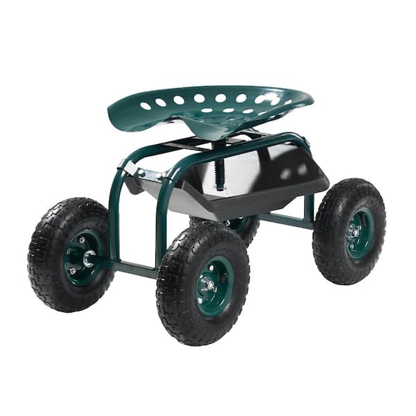 Avex 300 lbs. Capacity Iron Outdoor Rolling Garden Cart with Swivel Seat and Tool Tray