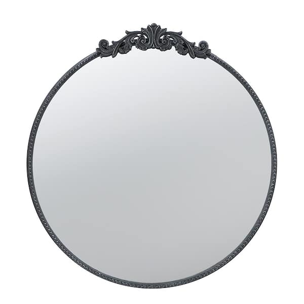 Unbranded 30 in. W x 32 in. H Classic Design Baroque Inspired Metal Framed Black Round Mirror