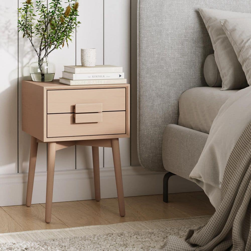 Harper Mid-Century Brown Oak Wood Nightstand with 2-Drawers Small Side Table or End Table with Storage
