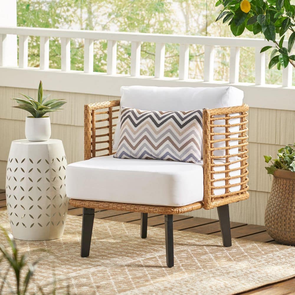 One Acacia wood outdoor club chair with white cushion, suitable for patio, 
