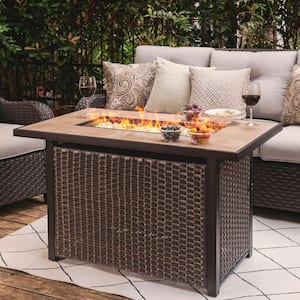 43 in. Wicker Outdoor Propane Gas Fire Pit Table with Ceramic Tabletop and Oxford Cover, 50000 BTU, Brown