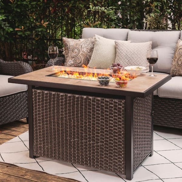 43 in. Wicker Outdoor Propane Gas Fire Pit Table with Ceramic Tabletop and Oxford Cover, 50000 BTU, Brown