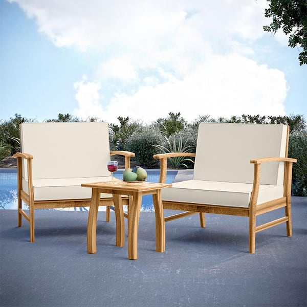 HEARTH & HARBOR 3-Piece Patio Furniture Wood Bistro Conversation Set with Off White Cushions, 2-Chairs, Table