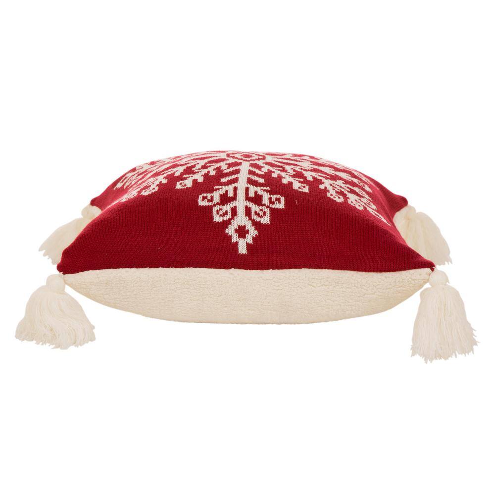 Red Knitted Snowflake Pillow Cover with Tassels