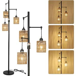 65 in. 3-Light Black Boho Modern Rope Standard Floor Lamp with Foot Switch and Rattan Shade for Living Room