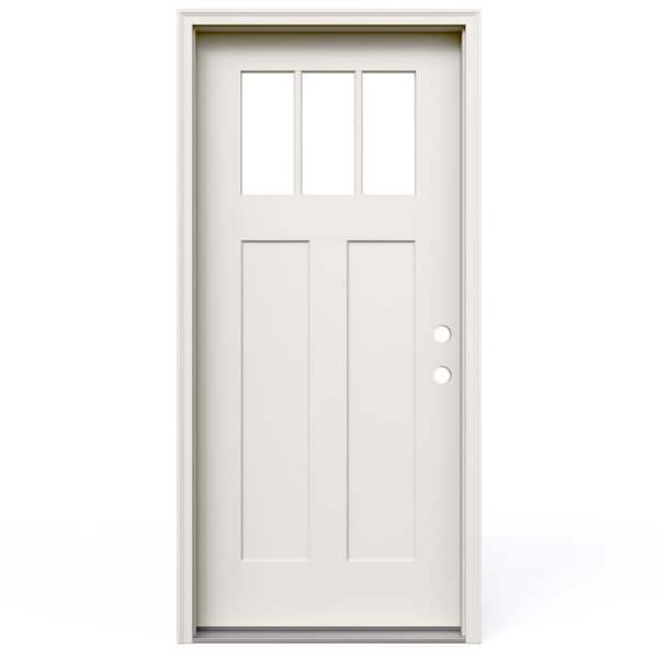 36 in. x 80 in. 2-Panel Left-Hand/Inswing 3-Lite Clear Direct Glaze Primed Fiberglass Prehung Front Door w/ Brickmould