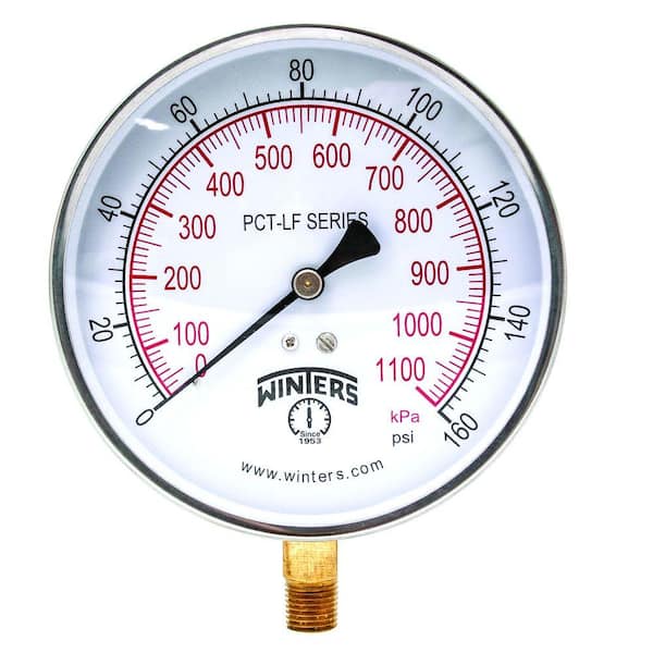 Winters Instruments PCT-LF Series 4.5 in. Lead-Free Brass Stainless Steel Pressure Gauge with 1/4 in. NPT LM and 0-160 psi/kPa