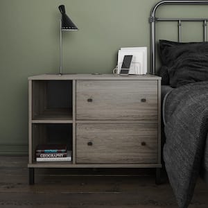 Kalissa 2-Drawer Wide Nightstand with Wireless Charger, Gray Oak with Black