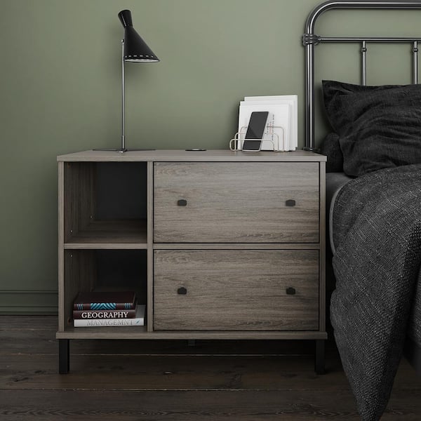 Novogratz Kalissa 2-Drawer Wide Nightstand with Wireless Charger, Gray Oak with Black