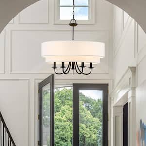 Celina 21.5 in. 5-Light Black Chandelier Light with White Double Drum Shade
