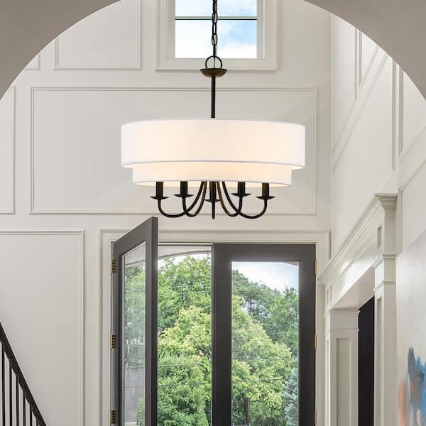 Celina 21.5 in. 5-Light Black Chandelier Light with White Double Drum Shade