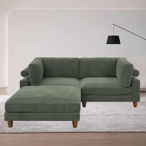 89 in. Round Arm Polyester Corduroy Upholstery L-Shaped Reversible Deep-Seated 3-Piece Corner Sectional Sofa in. Green