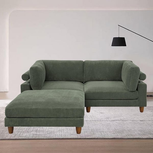 Monland 89 in. Round Arm Polyester Corduroy Upholstery L-Shaped Reversible Deep-Seated 3-Piece Corner Sectional Sofa in. Green