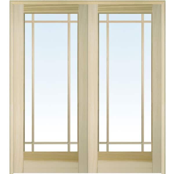 MMI Door 60 in. x 80 in. Both Active Unfinished Poplar Glass 9-Lite Clear True Divided Prehung Interior French Door