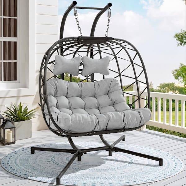 Oversize 2-Person Patio Gray Wicker Hanging Egg Swing Chair Indoor Outdoor Porch Lounge with Stand & Light Gray Cushion