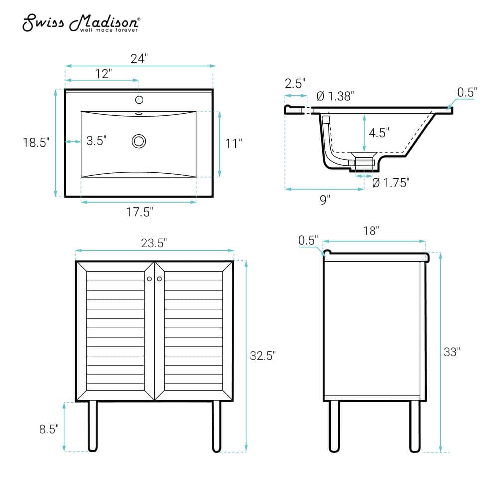 Bron 24" Black Oak Freestanding Bathroom Vanity with White Sink Top