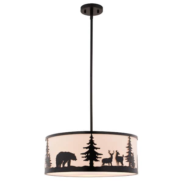 Acadia 3-Light Bronze Rustic Pendant Light White Linen Bear Deer Tree