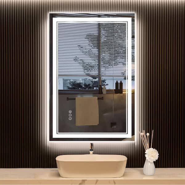 ExBrite Third Generation 28 x 36 Frameless LED Super Slim Bathroom Vanity Mirror with Clock, Night Light, Anti Fog, Dimmer, Touch Button and