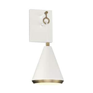 6 in. W x 17 in. H 1-Light White and Natural Brass Wall Sconce with White Metal Shade