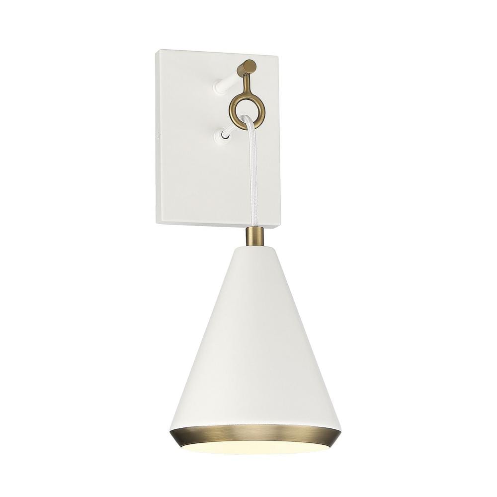Contemporary White and Natural Brass Cone-Shaped Dimmable Sconce