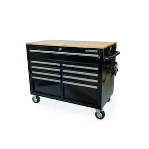 46 in. x 24.5 in. D 9-Drawer Mobile Workbench with Adjustable Height Wood Top, Gloss Black