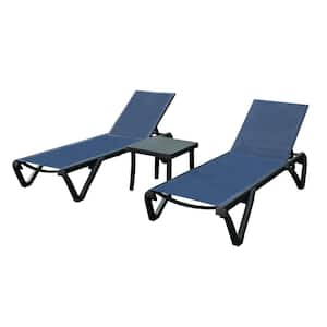 5-Adjustable Positions Aluminum Outdoor Chaise Lounge Chairs in Navy Blue, 2 Lounge Chairs and 1 Side Table