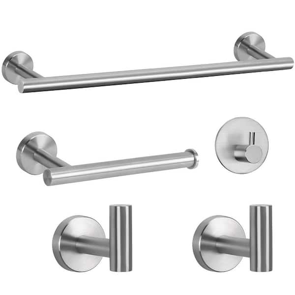 5-Piece Bath Hardware Set Included 16 in. Towel Bar, Toilet Paper Holder and 3 Multi-Purpose Hooks in Brushed Nickel