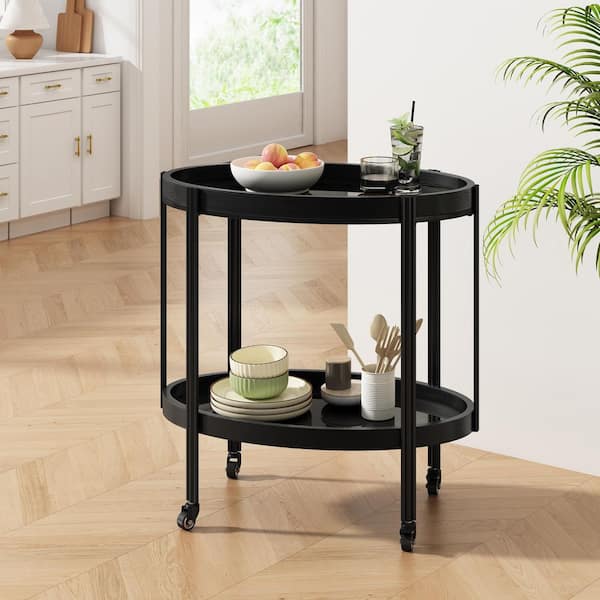 Hale Black 30.25 in. W 2 Tier Bar Cart Side Table with Tempered Glass Shelves, Metal Frame, Removable Bottom Shelf