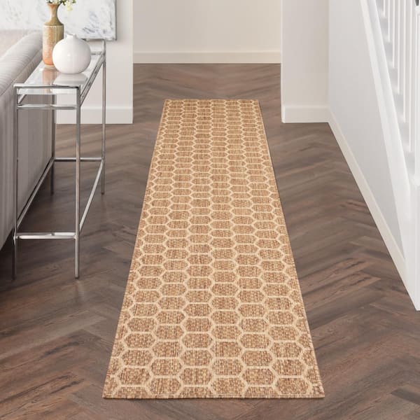 Reversible Indoor Outdoor Natural 2 ft. x 12 ft. Honeycomb Contemporary Runner Area Rug