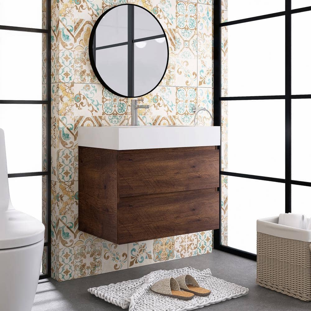 Walnut Wall-Mounted Bathroom Vanity with White Resin Sink, 30" x 18"