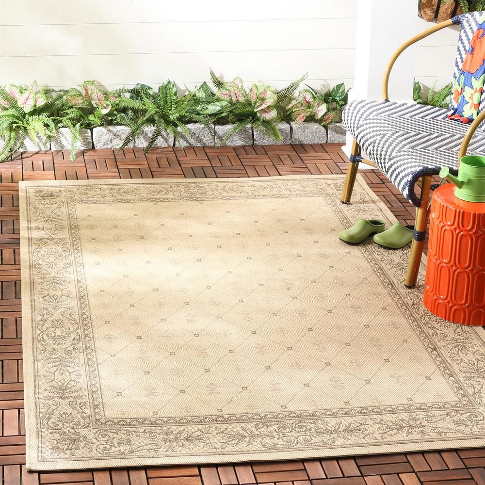 Natural Beige Synthetic Outdoor Area Rug with Floral Motif