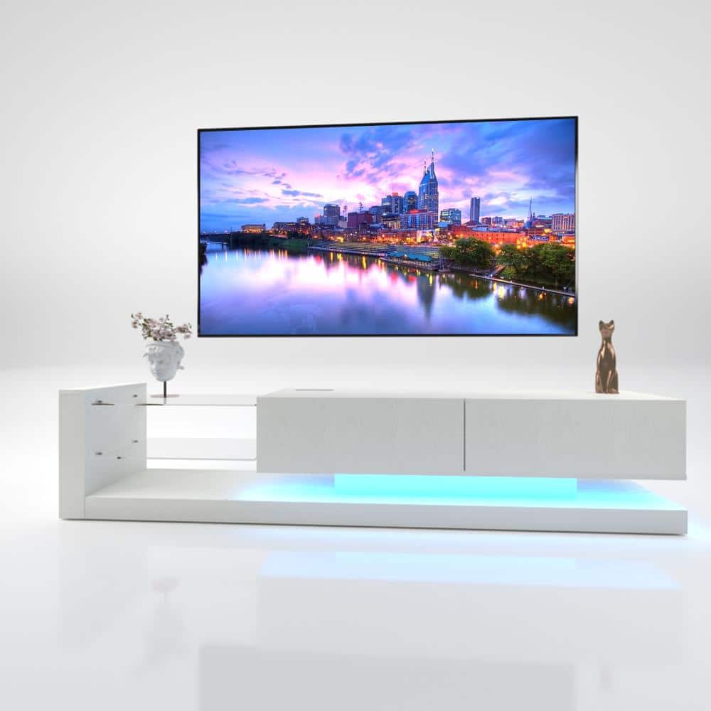 White TV Stand Entertainment Center Fits TVs up to 75 in. with LED Lights, Power Outlet, 2 Doors & Glass Shelves