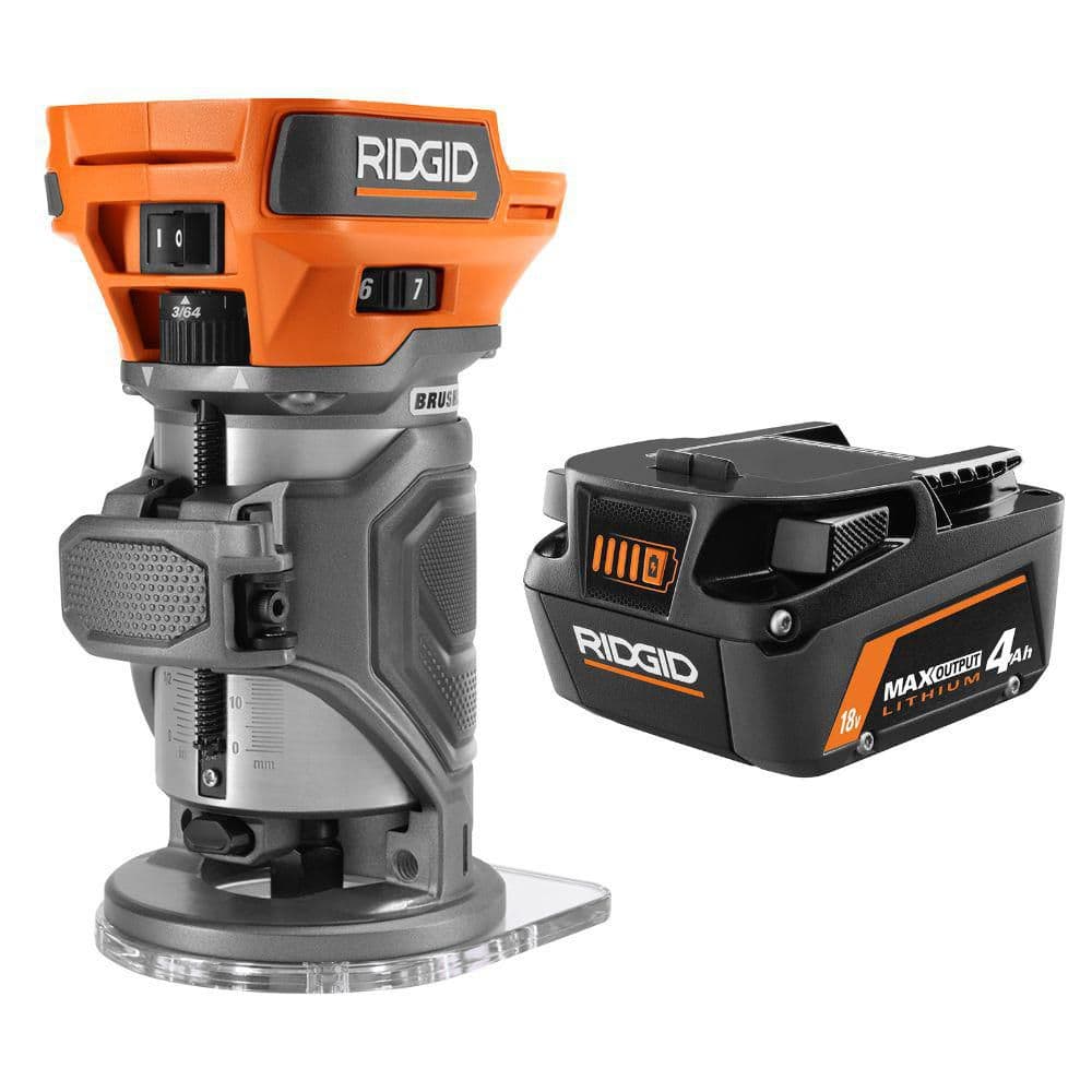 RIDGID 18V Brushless Cordless Compact Router w/ 18V 4.0 Ah MAX Output Lithium-Ion Battery (R860444R840040)