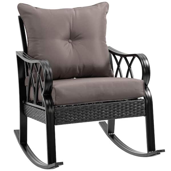 Outsunny Wicker Aluminum Outdoor Rocking Chair with Grey Padded Cushions, with Armrest Metal Plastic