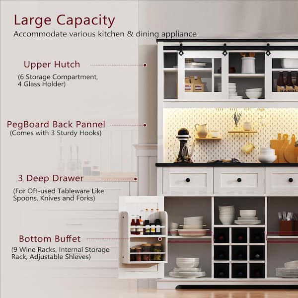 COWLOWN White Wood Pantry Organizer, Cupboard Storage Cabinet With 8-Door Shelves, Adjustable Shelves, 7-Drawers And 8-Wine Rack KIKIO205768 - The Home Depot