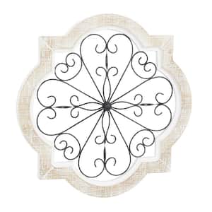 22 in. x  22 in. Wooden White Scroll Wall Decor with Metal Scroll Work