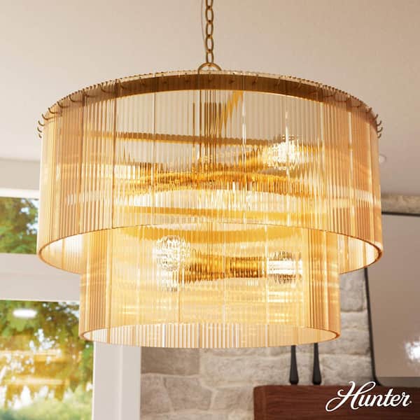 Ontario 60-Watt 6 Light Luxe Gold Waterfall Pendant Light with Ribbed Glass Shades, No Bulbs Included