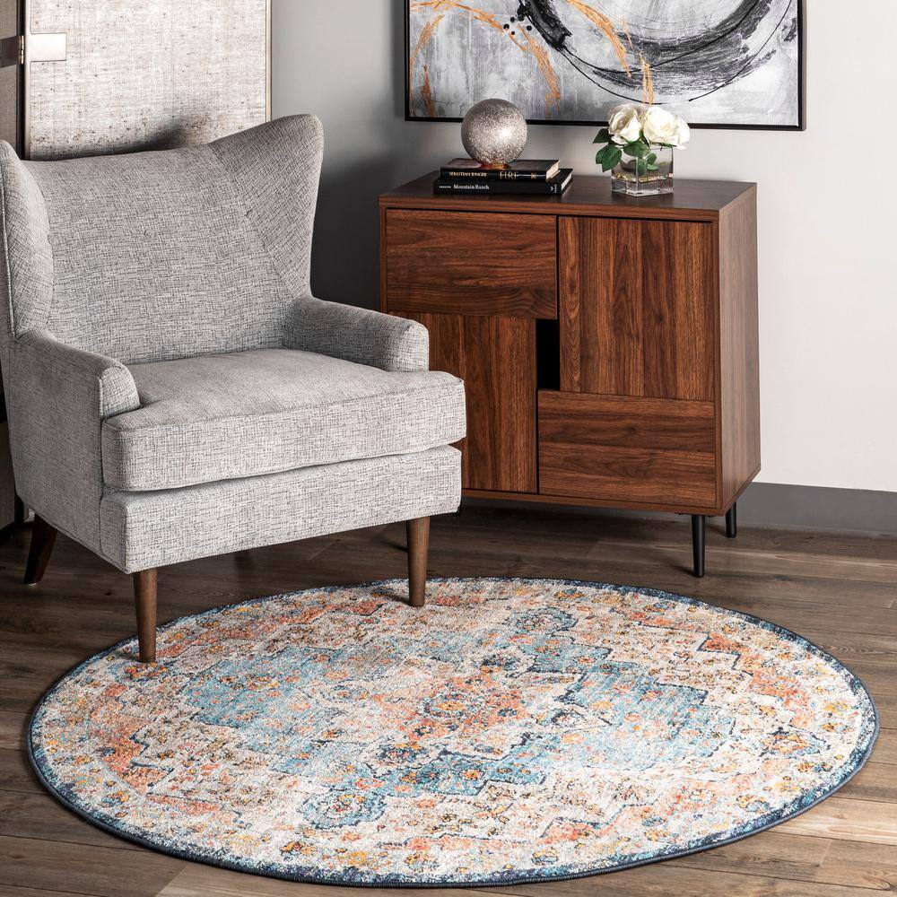 Sawyer Multi-Color Synthetic Round Vintage Area Rug, 5'