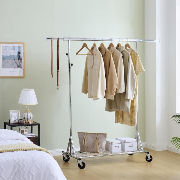 Noble House Nosa Silver Polished Metal Collapsible Clothing Rack with Wheels 75 in.