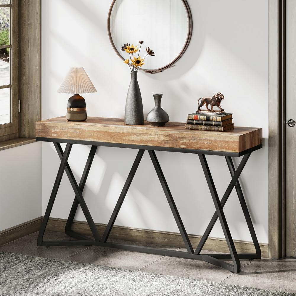 Rustic Brown 55" Wood and Metal Console Table with Storage