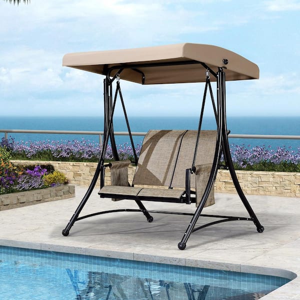 2-Person Deluxe Outdoor Patio Porch Swing with Weather Resistant Steel Frame, Adjustable Tilt Canopy, Beige