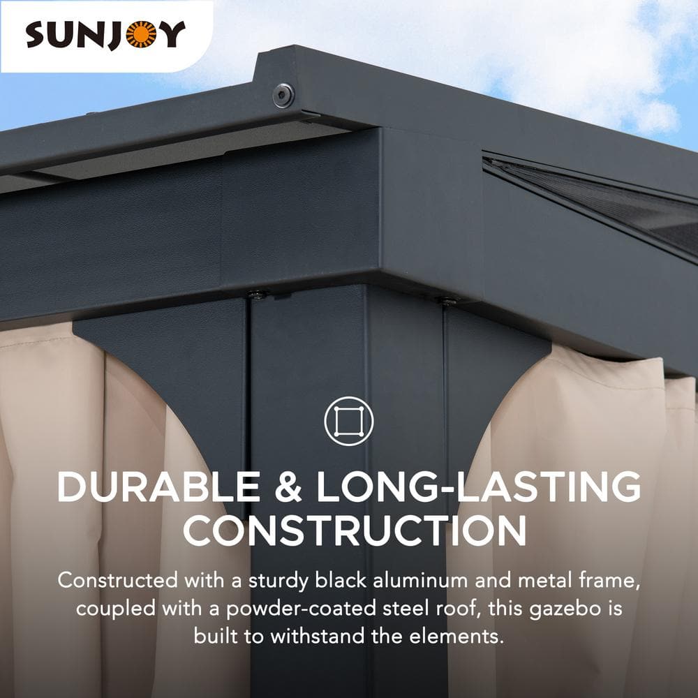 Sunjoy 12' x 14' Black Aluminum Wall-Mounted Gazebo with Curtains