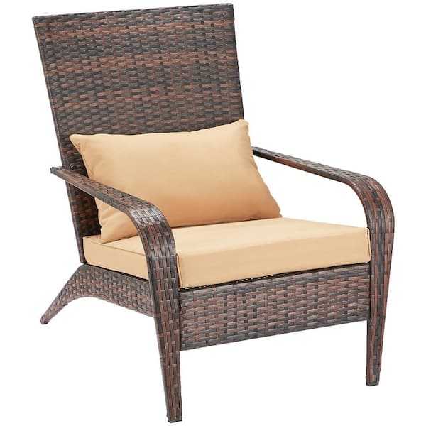 AECOJOY Coconino Brown Wicker Composite Adirondack Chair with Tan Cushion