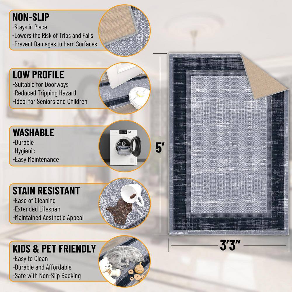 Gray and Black Machine Washable Non-Slip Area Rug 3'3" x 5'