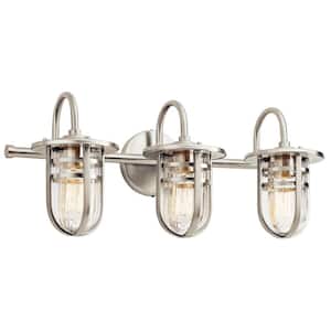 Caparros 24 in. 3-Light Brushed Nickel Coastal Bathroom Vanity Light with Clear Glass Shade