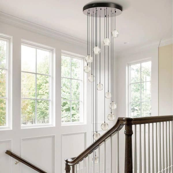 Gleam Flare 14-Lights Black Staircase Chandelier, Modern Pendant
