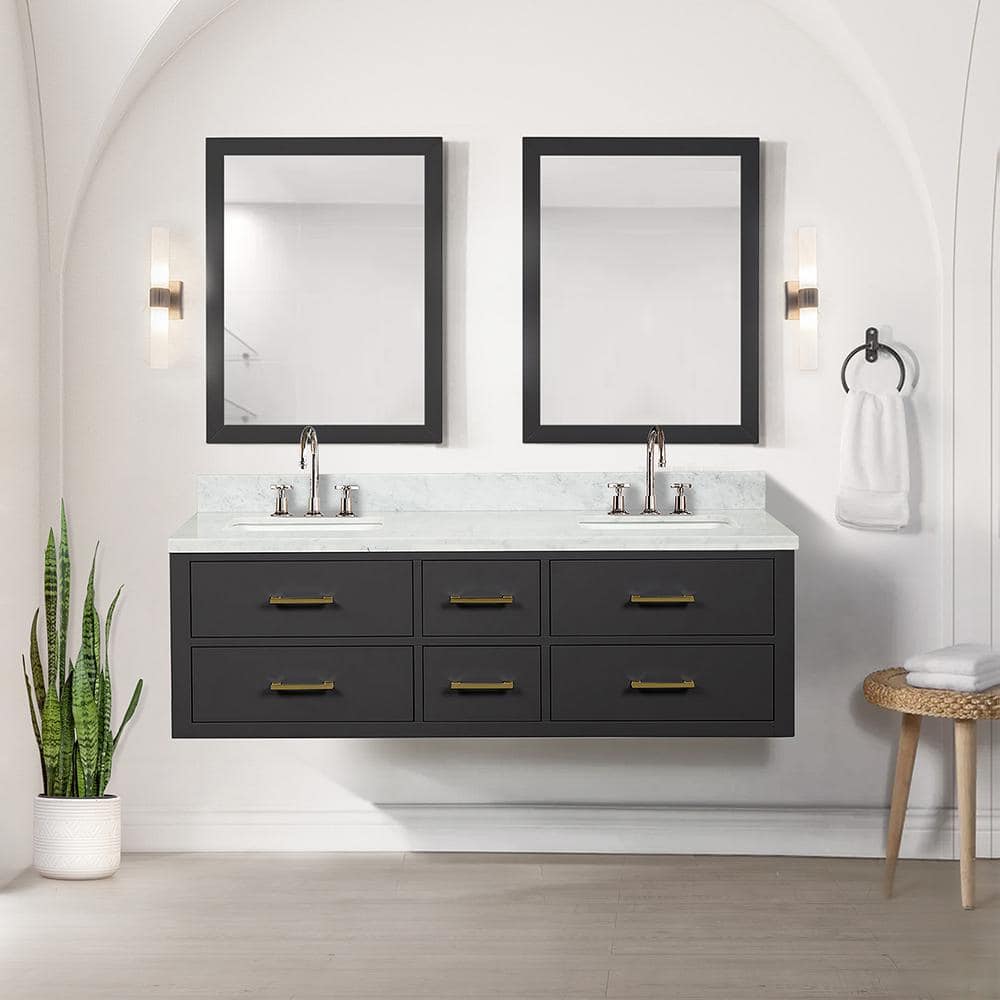 Sherman 60 in W x 22 in D Black Double Bath Vanity, Carrara Marble Top, Faucet Set, and 28 in Mirrors -  Lexora, LVSH60DL111