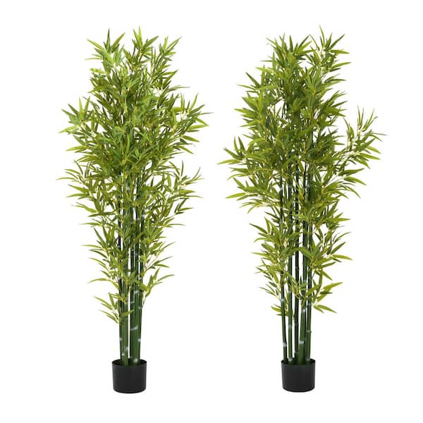 Parrott Indoor 6 ft. Green PE Artificial Bamboo Tree With Black Plastic Pot, (Set-2)
