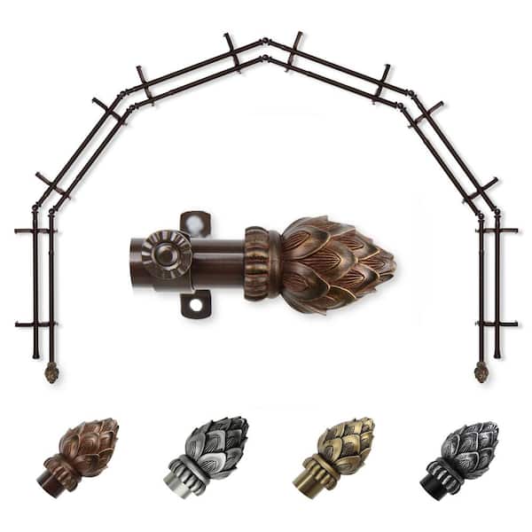 EMOH 13/16" Dia Adjustable 6-Sided Double Bay Window Curtain Rod 28 to 48" (each side) with Jace Finials in Cocoa
