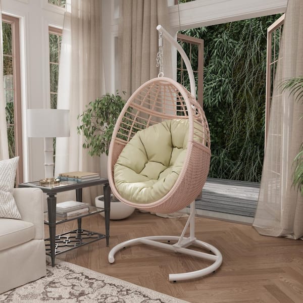 36 in. W Beige Hand-Woven Wicker Metal Outdoor Freestanding Patio Swing Egg Chair with Cushion and Stand